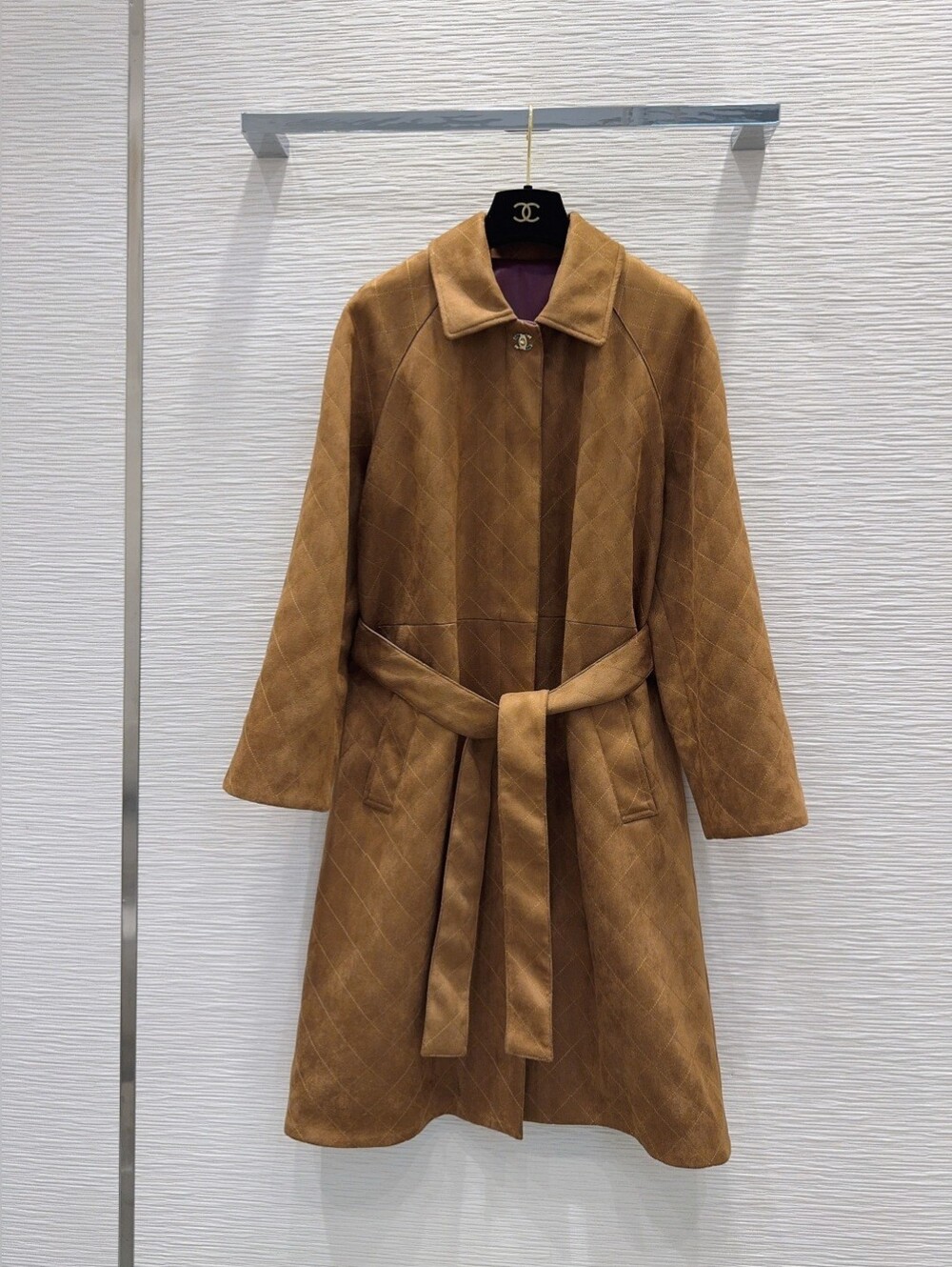 Chanel Quilted Suede Belted Trench Coat in Camel
